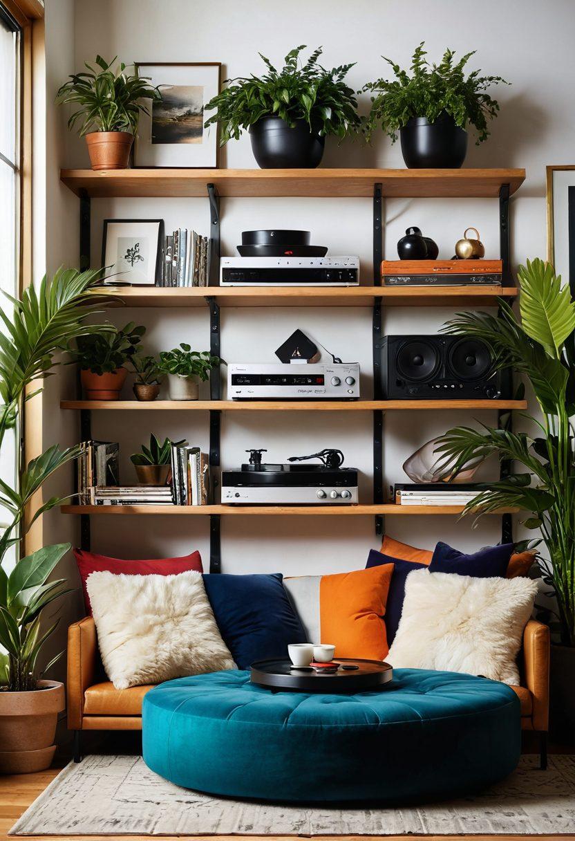 A serene home music setup featuring a cozy corner with a high-fidelity sound system, plush cushions, and soft lighting. Include a vibrant vinyl record collection displayed on a wooden shelf, with a sleek turntable playing. Depict a person with headphones immersed in the music, radiating joy and contentment. Surround the scene with subtle plants and artistic music notes in the air, enhancing the feeling of happiness. super-realistic. vibrant colors. calming atmosphere.