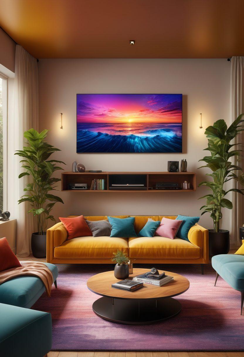 A cozy living room with a high-quality sound system, surrounded by sound waves radiating vibrantly. Featuring comfortable seating, a stunning large screen displaying colorful visuals, and soft ambient lighting that enhances the atmosphere. Include headphones and vinyl records in the scene, illustrating the joy of audio experiences. modern design. vibrant colors. super-realistic.