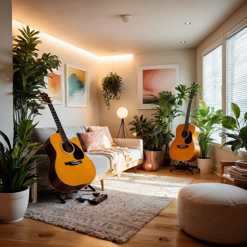 A serene home interior with soft, warm lighting, featuring a cozy seating area where a person sits with headphones, immersed in colorful sound waves flowing around them. Instruments like a guitar and keyboard are artfully placed, symbolizing creativity and joy. Plants and soft textures enhance the peaceful vibe, creating an inviting atmosphere. dreamy, soothing colors. super-realistic.